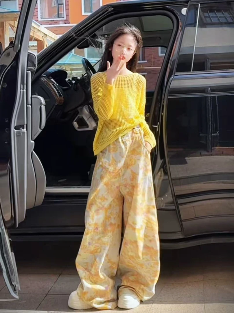 女童2025显瘦时尚宽松黄色镂空针织衫