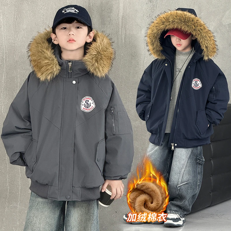 2025新款加绒加棉派克棉衣毛领可拆卸男童保暖棉服洋气外套防寒
