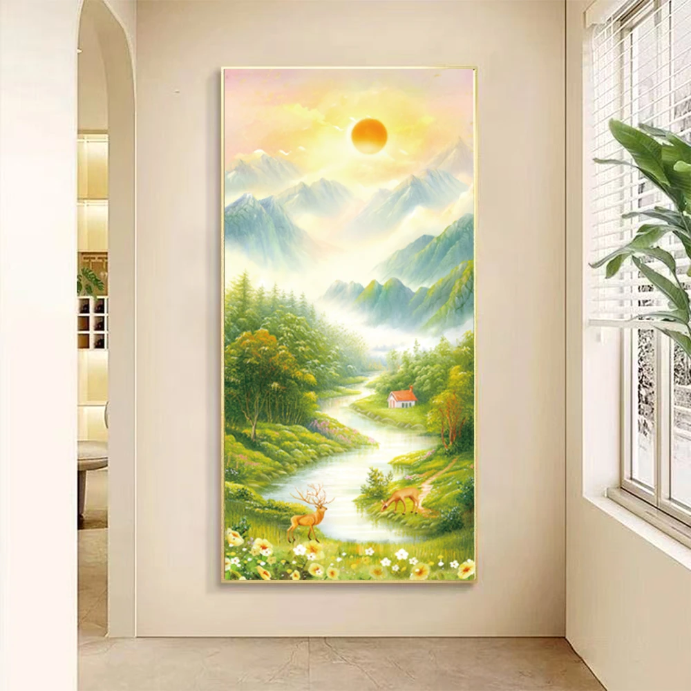 简约青山绿水玄关过道走廊入户现代挂画山水生财聚宝盆风景装饰画