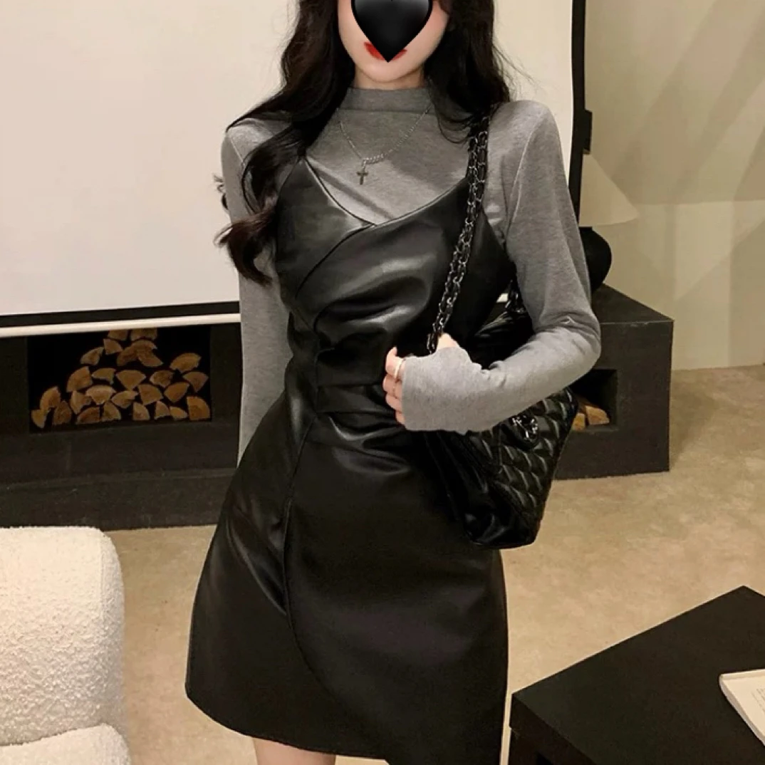 【丸子家】大码性感吊带捏褶皮裙+高领打底小衫850