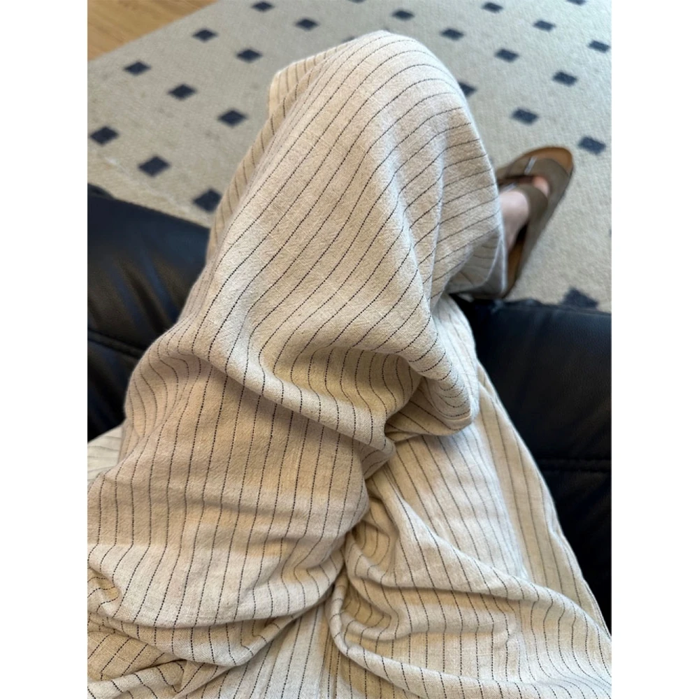 大码美式复古条纹亚麻阔腿裤女春季设计感高腰宽松垂感休闲长裤子
