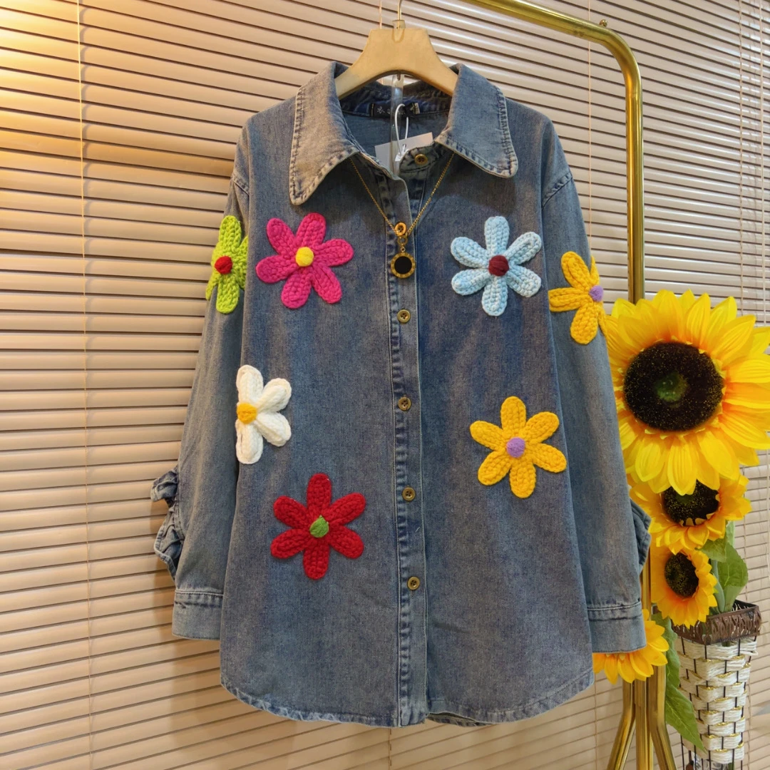 YLY新款翻领立体花朵牛仔长袖衬衫