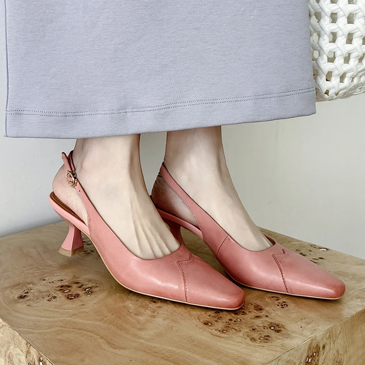 春夏包头细跟中跟凉鞋女卡其色豆蔻粉色优雅气质全皮真皮女鞋JMD