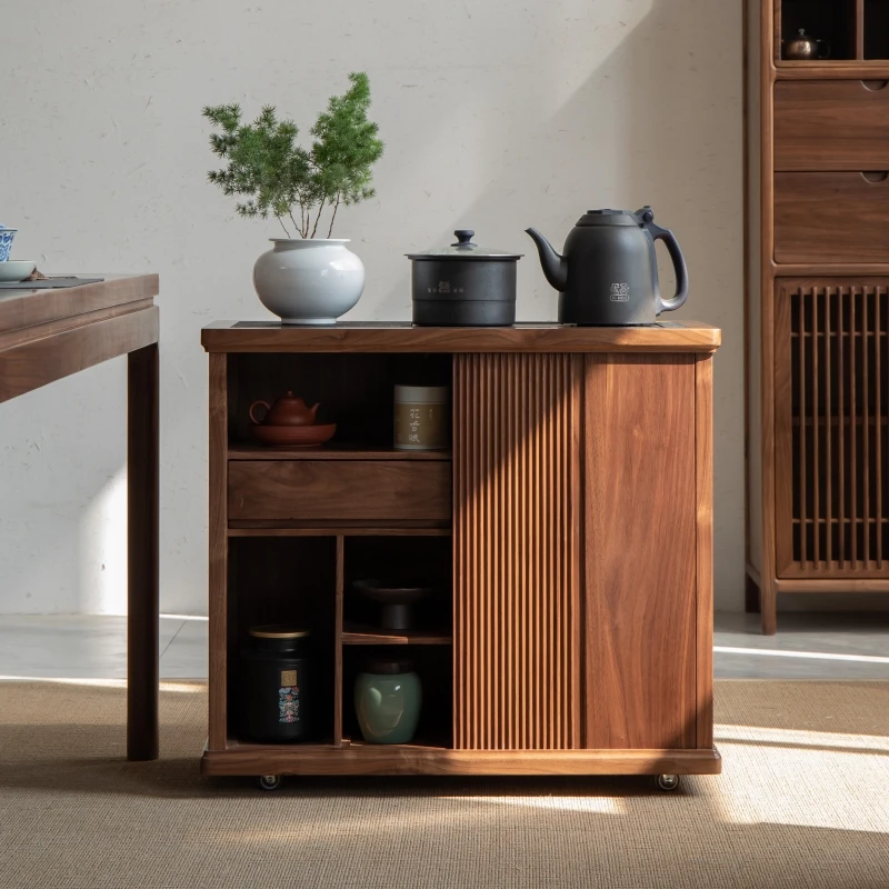 榆木移动新中式茶水柜边柜黑胡桃原木茶台茶几实木茶室一体壶烧水