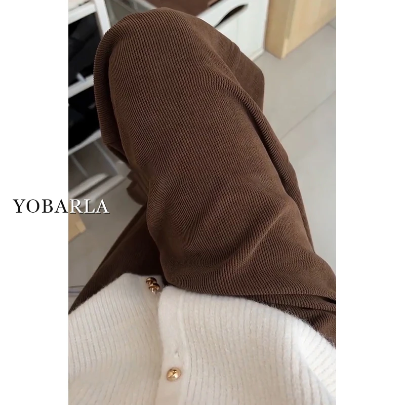 【新年宠粉】咖色灯芯绒直筒休闲裤女冬季大码宽松阔腿裤YBL-2883