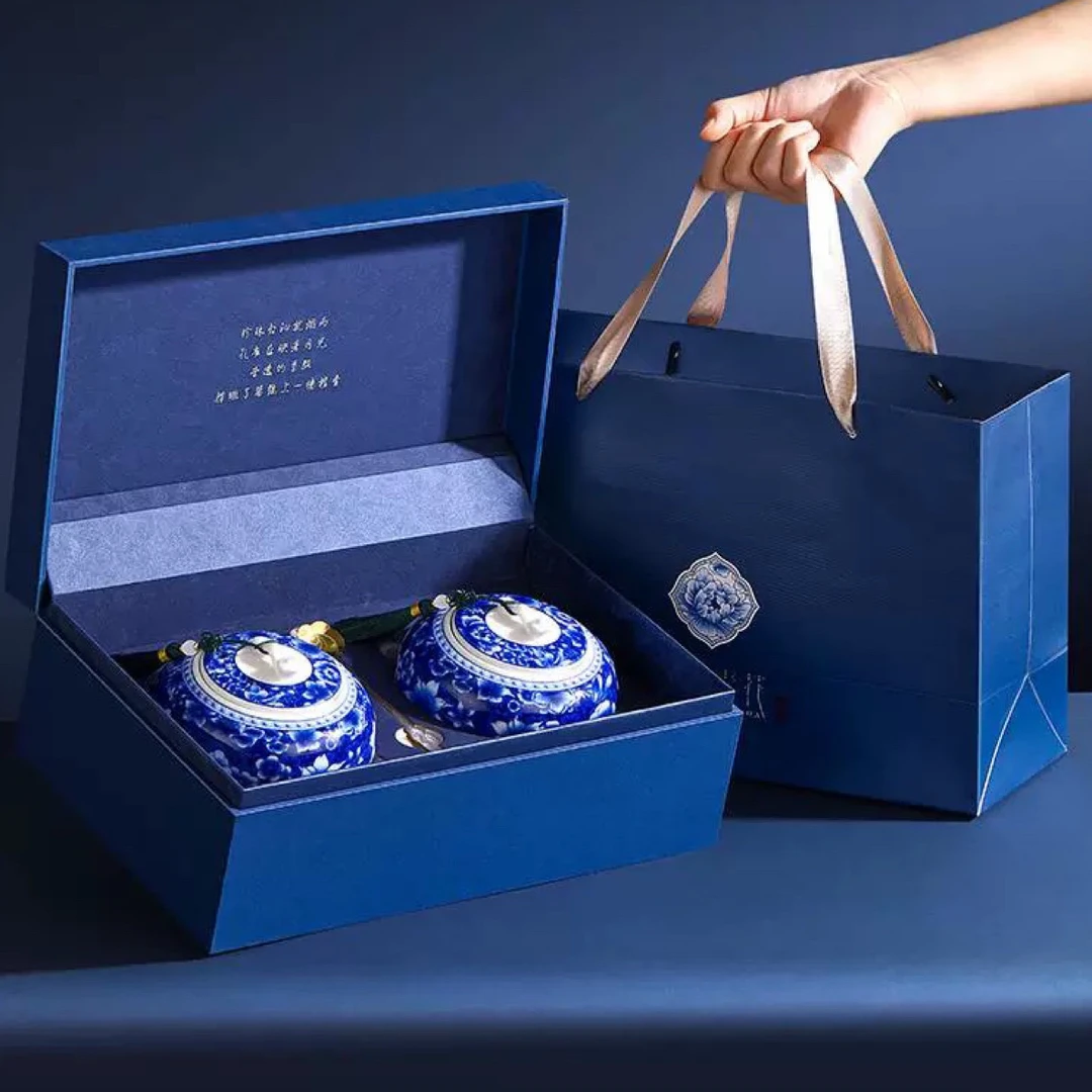 青花瓷【吉祥如意】蓝色白毫银针双陶瓷茶叶礼盒装