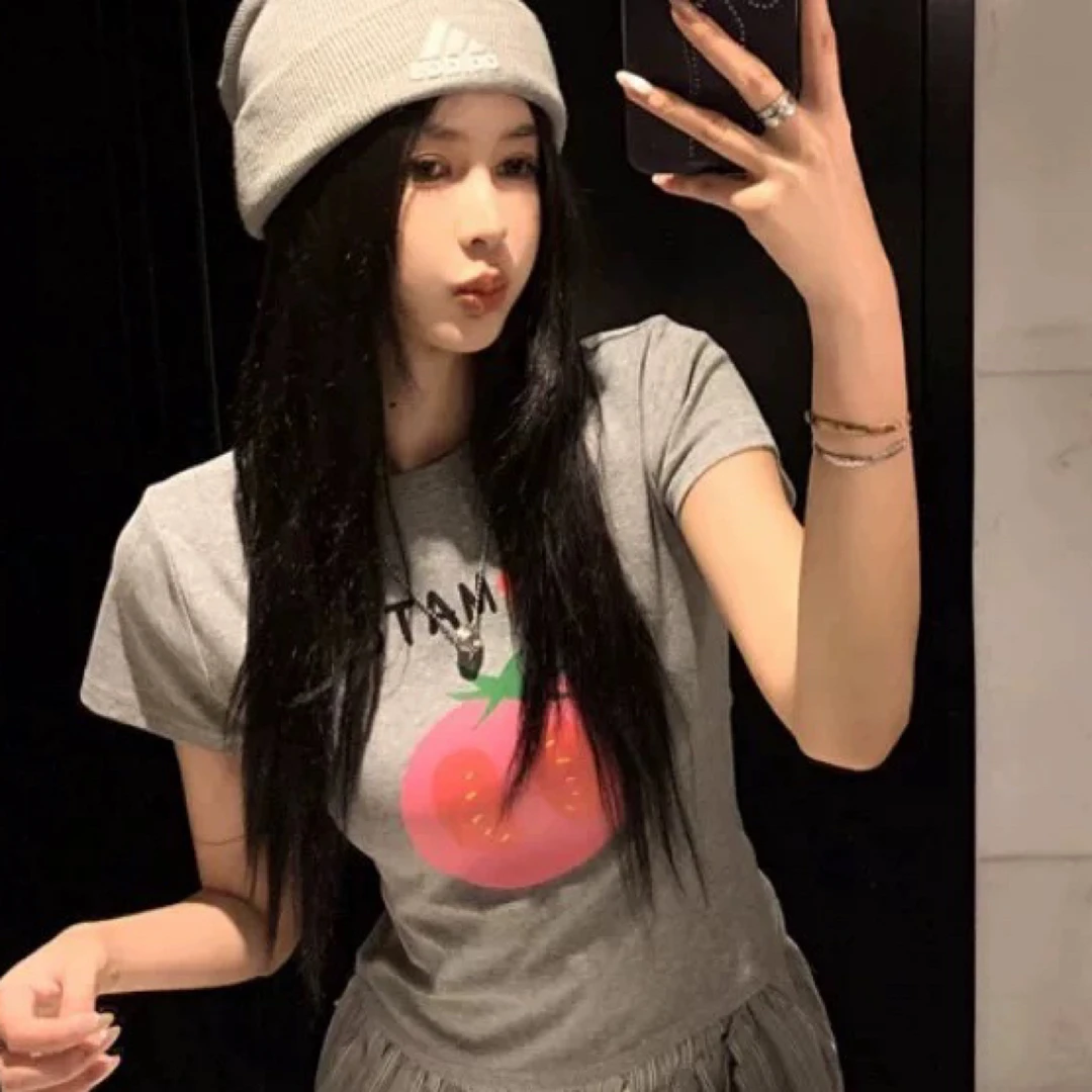 DMW韩版圆领印花短袖T恤女修身显瘦上衣