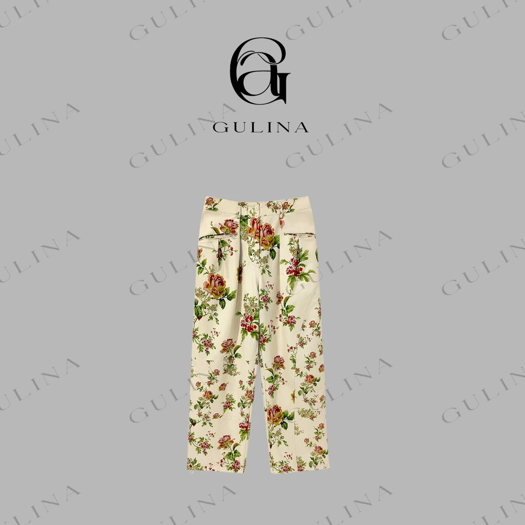 GULINA/娜姐 设计款休闲裤百搭显瘦时尚气质花色阔腿裤29197