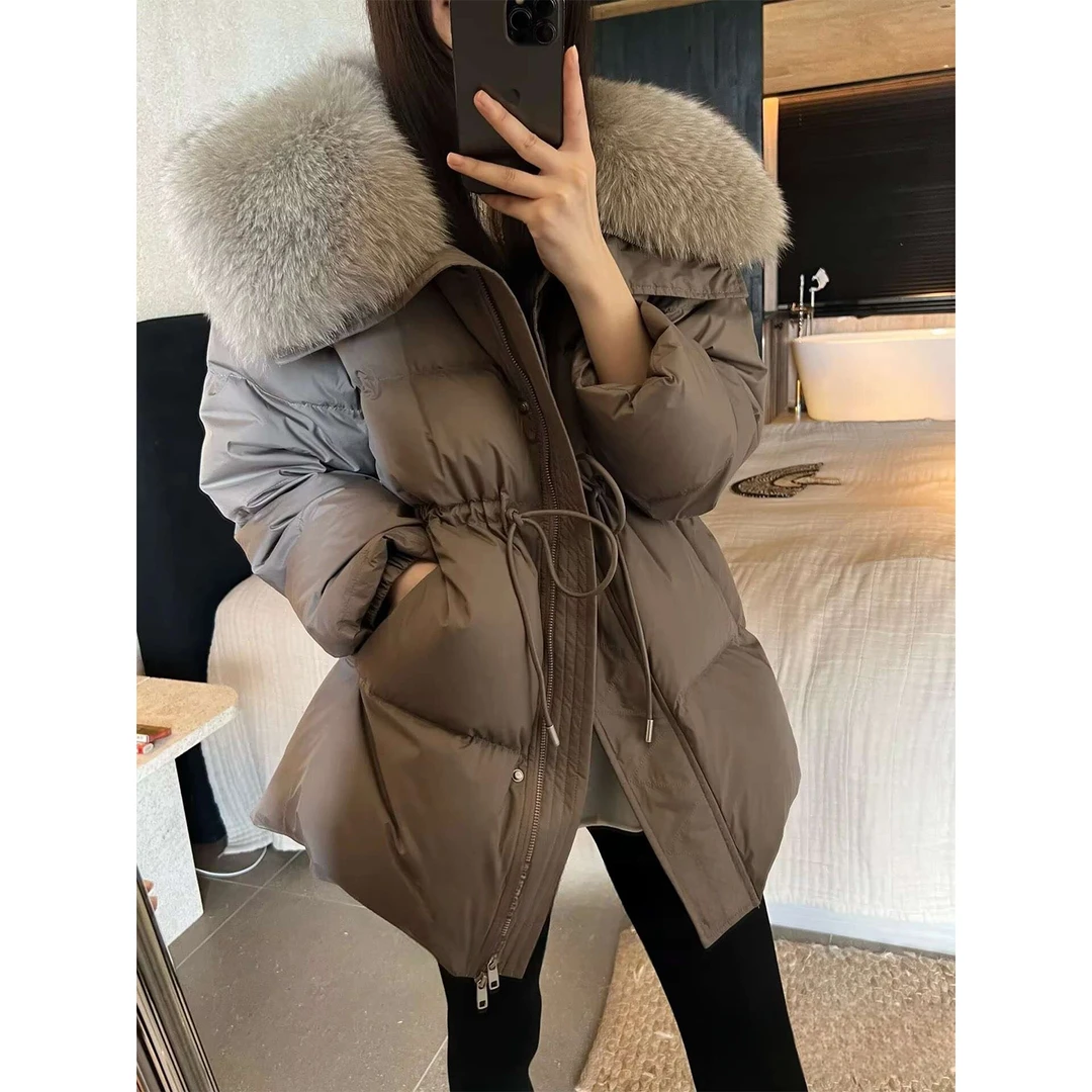 收腰羽绒服冬季中长款外套可白鸭绒拆卸真狐狸毛领新款韩版宽松