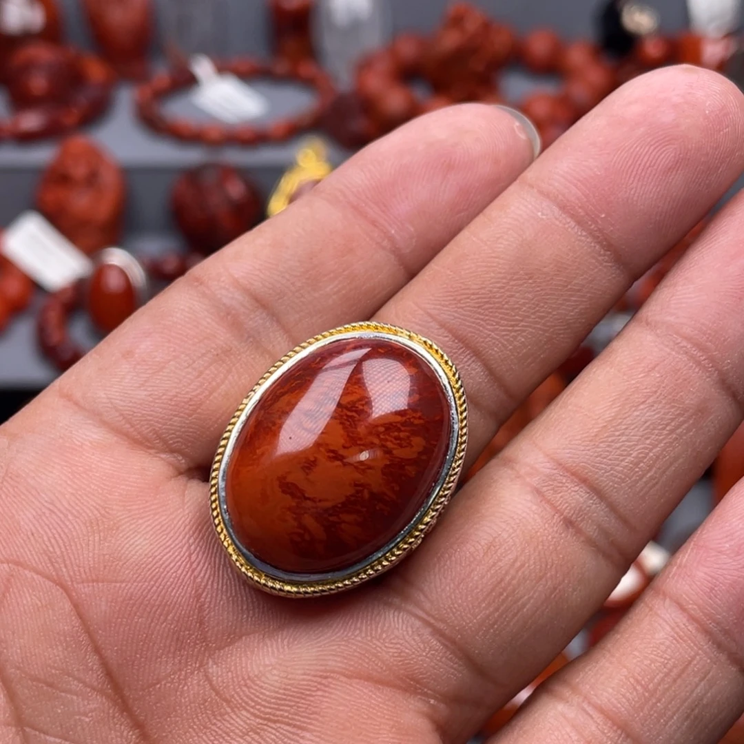 南红玛瑙银S925镶嵌珠宝奇石戒指