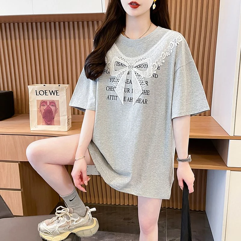 中长款宽松蕾丝花边短袖T恤女2025夏季新款欧货大版遮肉洋气上衣