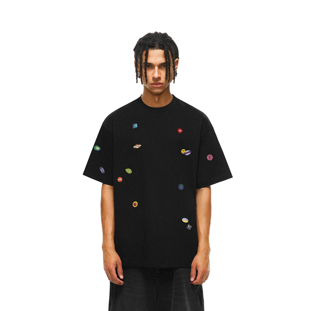 FDR官方店 美式复古小贴纸满身印花宽松短袖T恤男女夏季潮牌上衣