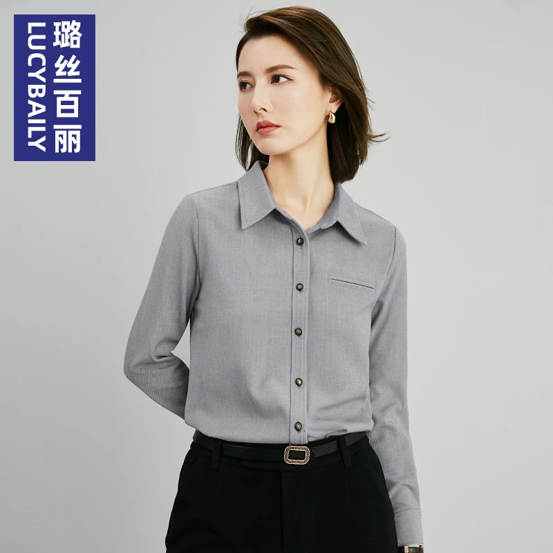 210746灰色磨毛衬衫女长袖职业女装春秋法式新款气质高端衬衣