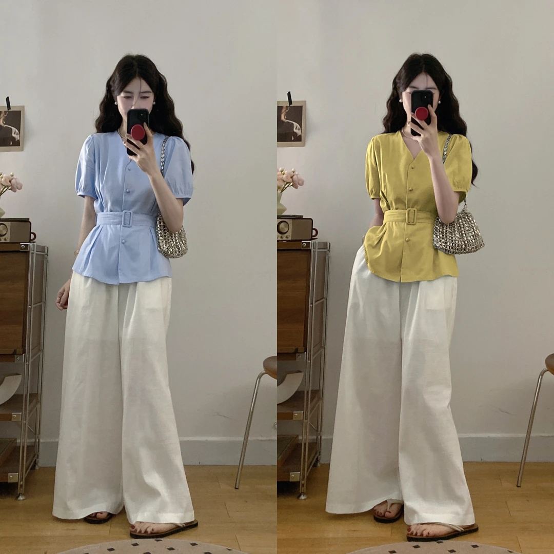 【8665A】洋气韩版纯色单排扣修身上衣显瘦遮肉阔腿长裤裙两件套