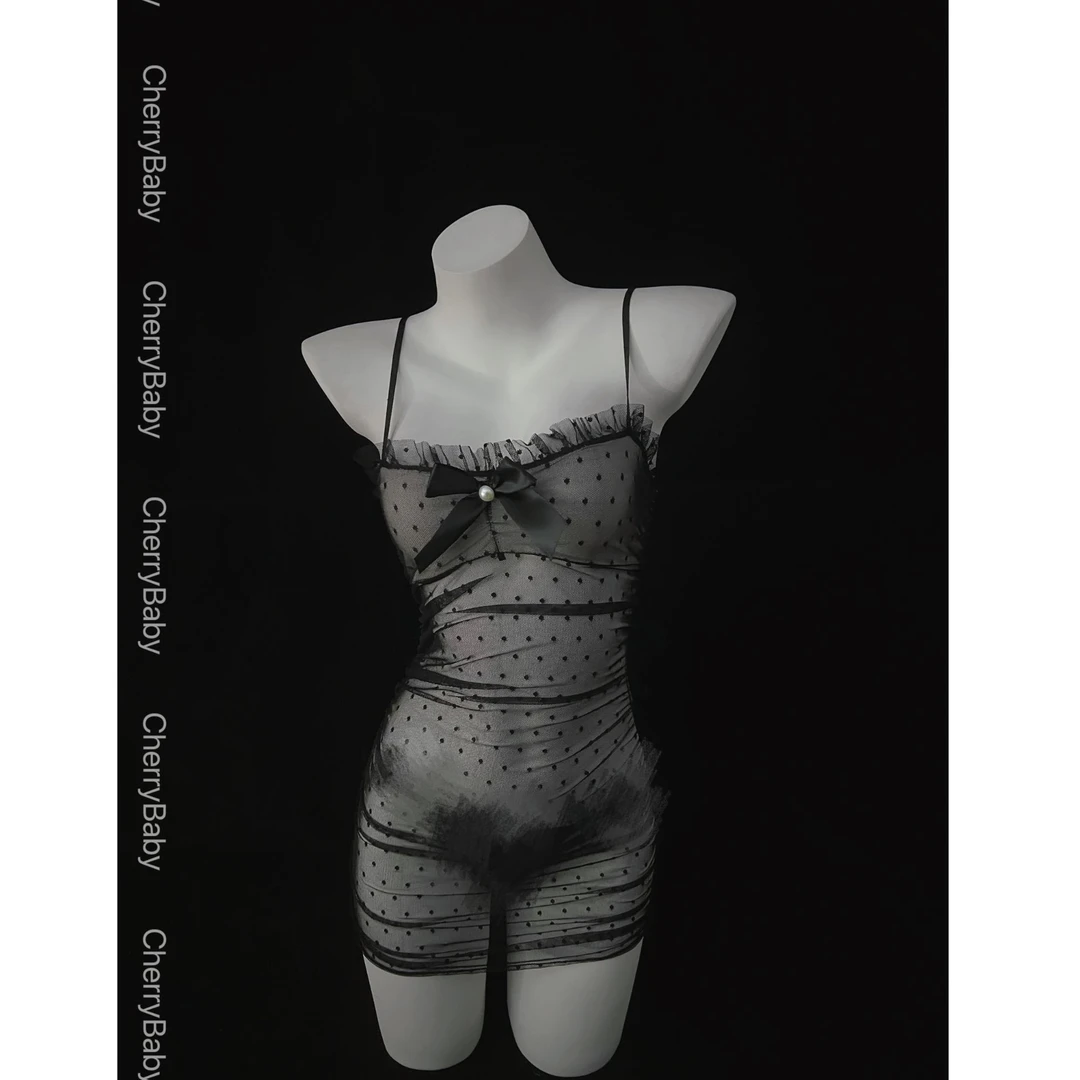 【波点女人】黑色波点网纱修身蕾丝吊带欧美夏季性感连衣裙收腰罩衫