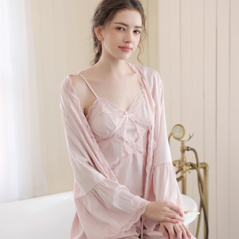 2025新款春夏女士法式性感蕾丝吊带三件套薄款睡衣带胸垫家居服