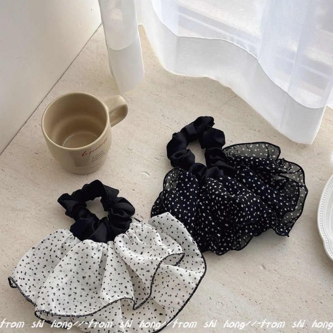 ins风氛围感双层网纱裙摆黑白波点小肠圈韩国垂感慵懒扎发头绳女