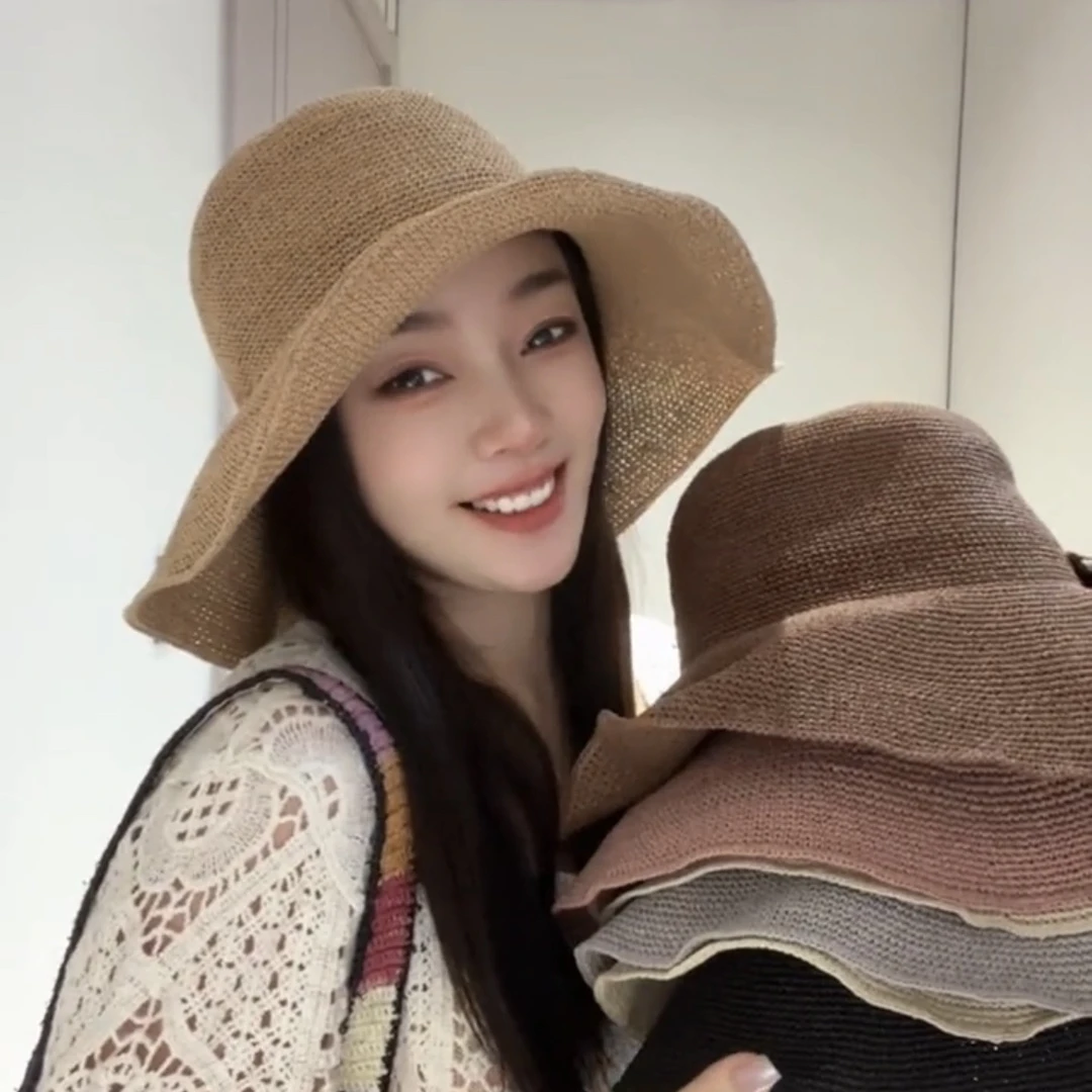 细勾针遮阳防晒帽子女纯手工编织渔夫帽夏季出游百搭可折叠草帽