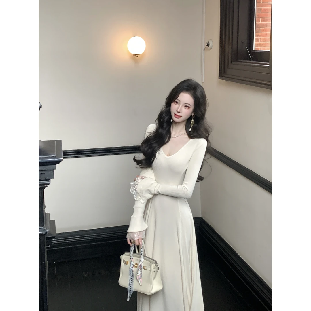 【雅乔定制】纤纤丽影V领长袖针织连衣裙修身大摆长裙DYYK-25092675
