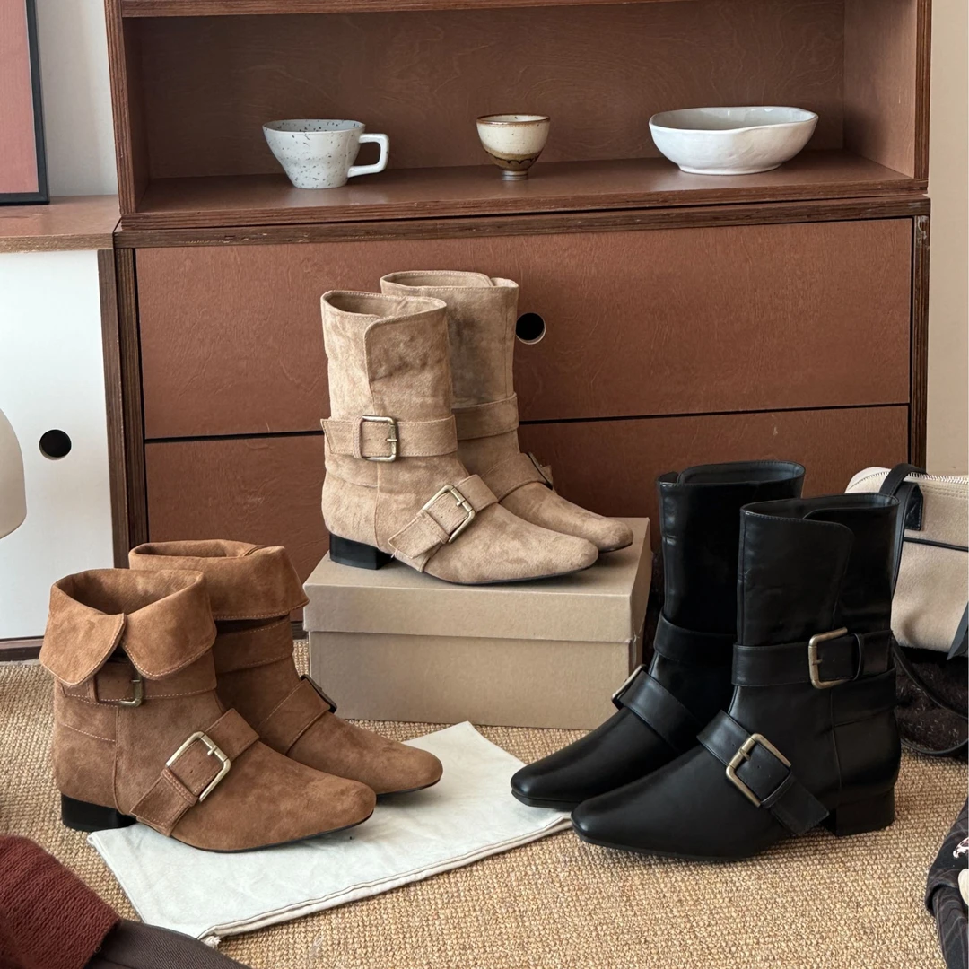 BAO/宝小姐法式尖头百搭短筒短靴增高低跟方头粗跟889-5