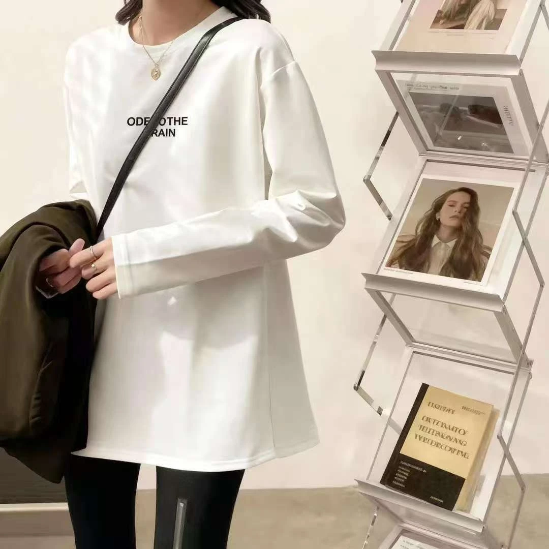 欧货白色秋冬款婴儿绒中长款长袖T恤上衣宽松好看打底衫女内搭