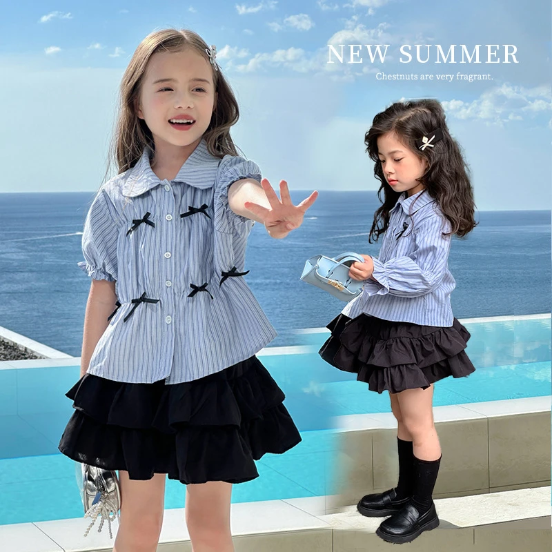 【甜美洋气 •蝴蝶衬衫套装】女童新款上衣百褶裙两件套百搭欧若风