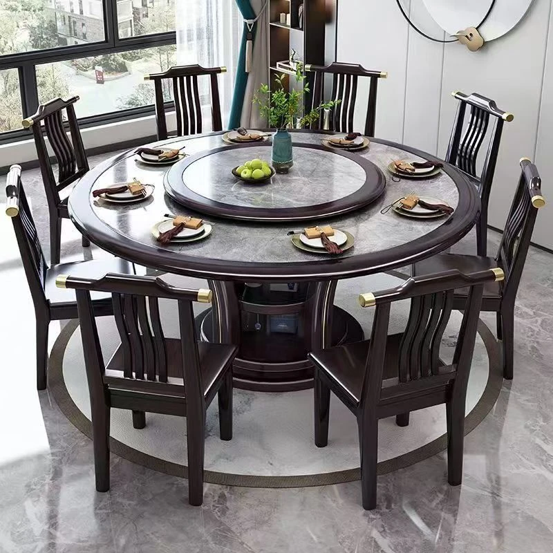 中式实木岩板圆形餐桌组合含桌椅适用于酒店家用带转盘家用餐桌