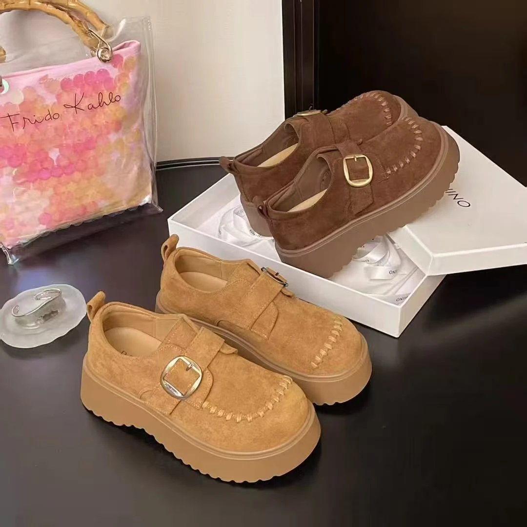 小敏家 复古厚底绒面魔术贴全包勃肯鞋 编织设计感时尚百搭乐福鞋