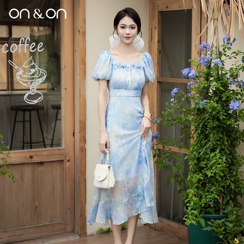 ON&ON/安乃安25夏季新款法式方领晕染气质收腰A字长裙N5SW1631811