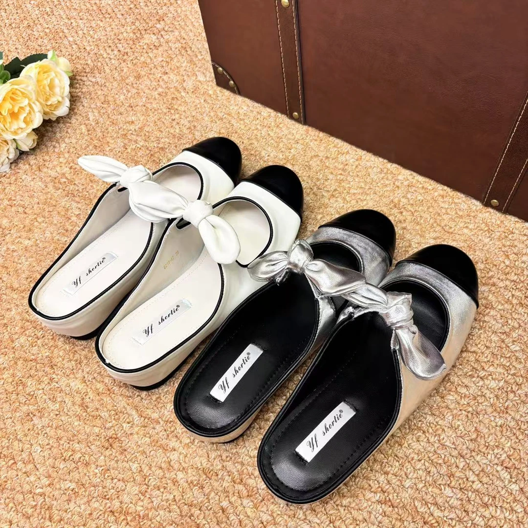 内增高法式拼色包头蝴蝶结包头拖休闲半托网红厚底方头软底韩版