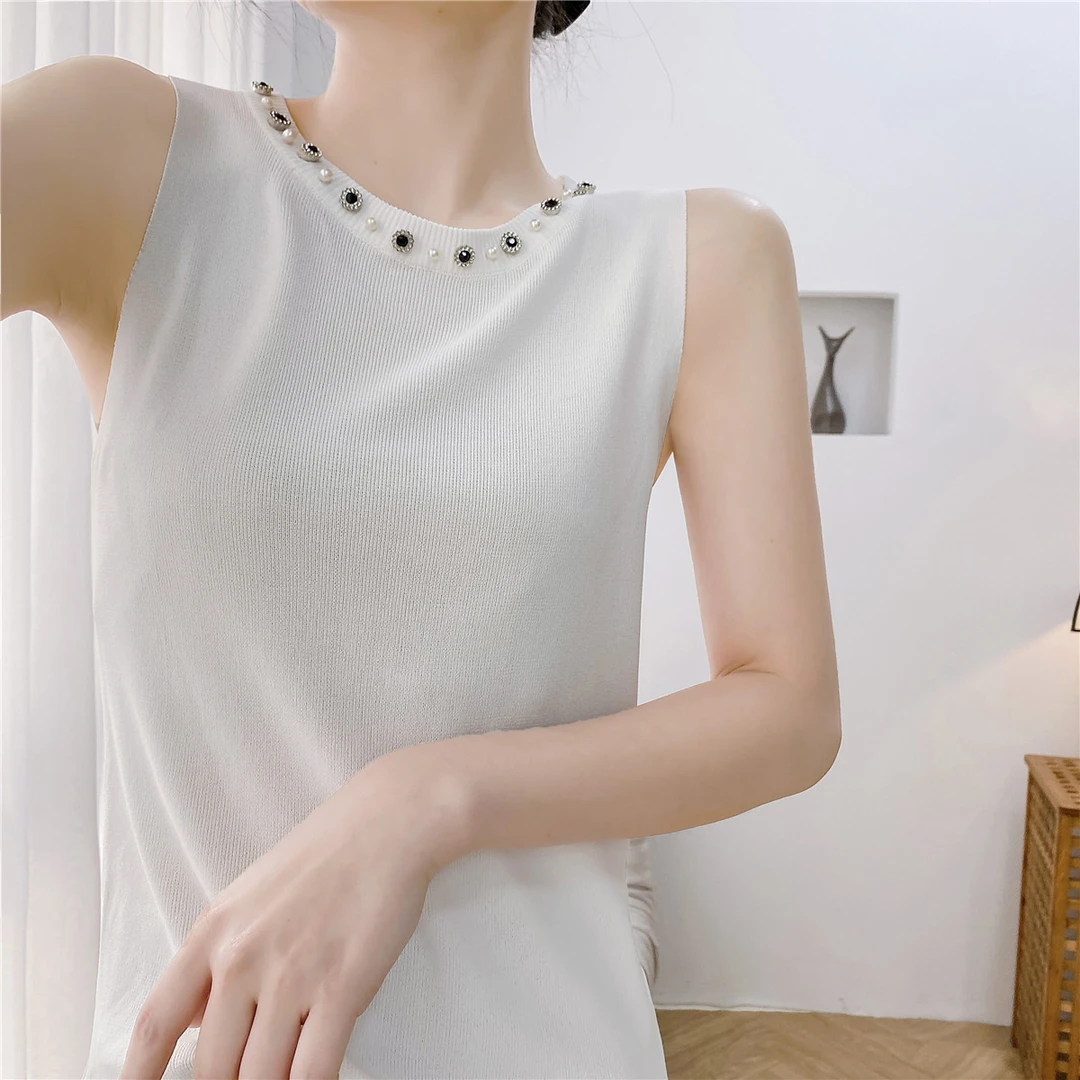 甜美百搭冰丝针织吊带小背心女内搭外穿修身纯色无袖钉珠打底上衣