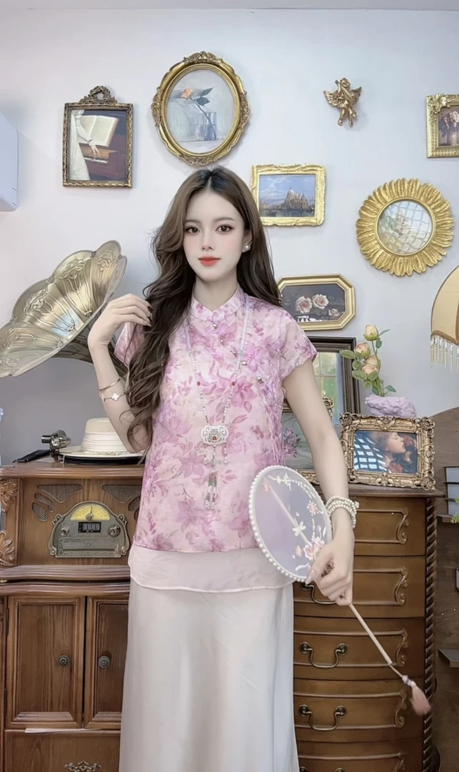 新中式国风粉色印花斜襟气质夏季女士衬衫洋气复古禅意上衣