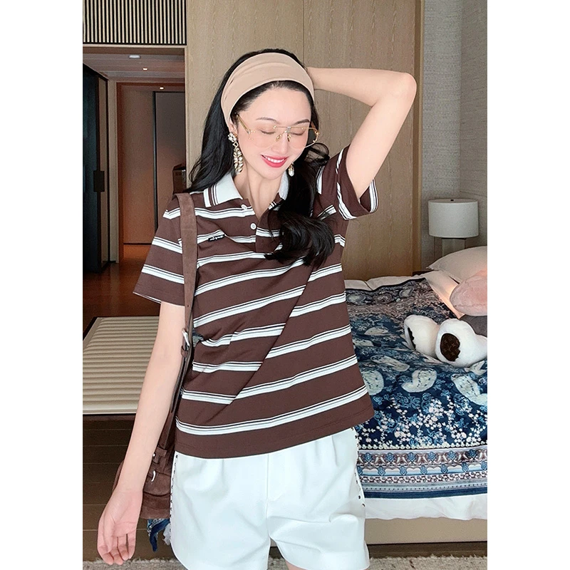 TRACYCHU新款新粉必入牛奶咖啡条纹新知识分子风贵系百搭款POLO衫