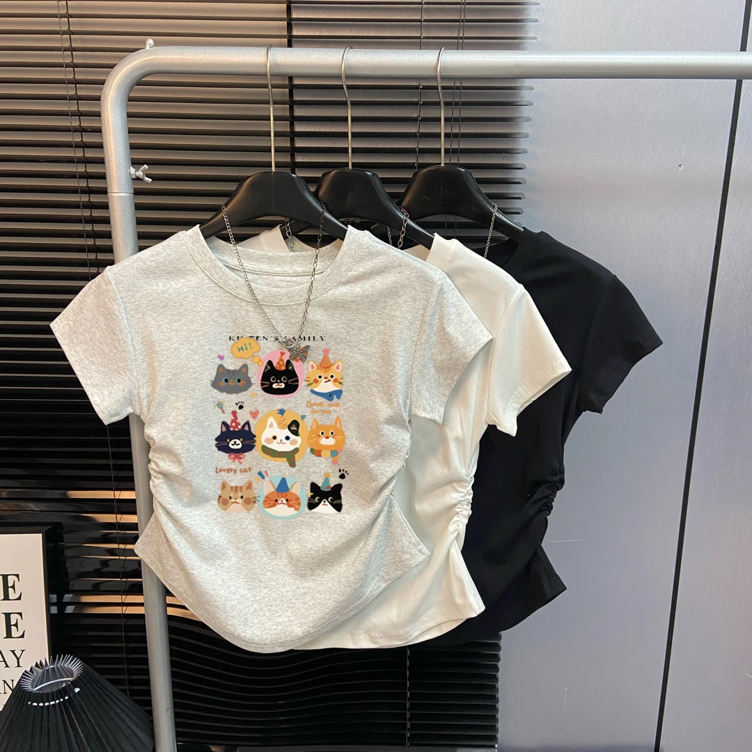 SZE 圆领褶皱收腰显瘦t恤夏季修身九格小熊卡通上衣辣妹正肩短袖