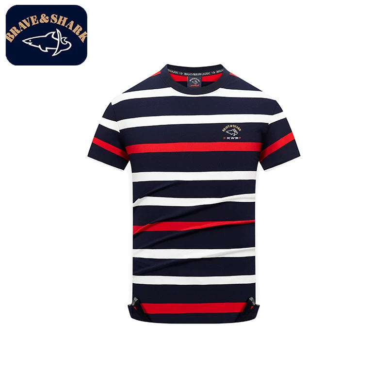 BRAVE&SHARK/勇士鲨鱼短袖T恤衫圆领条纹高端高级感男士弹力半袖
