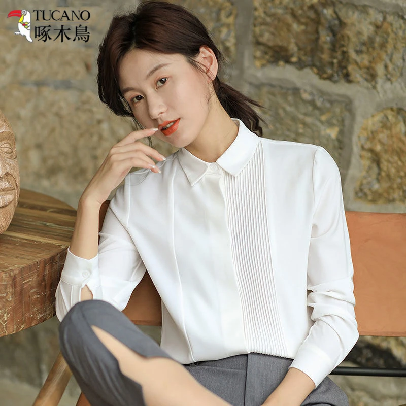 TUCANO/啄木鳥风琴褶职业装白色衬衫女春秋面试通勤拼接长袖上衣