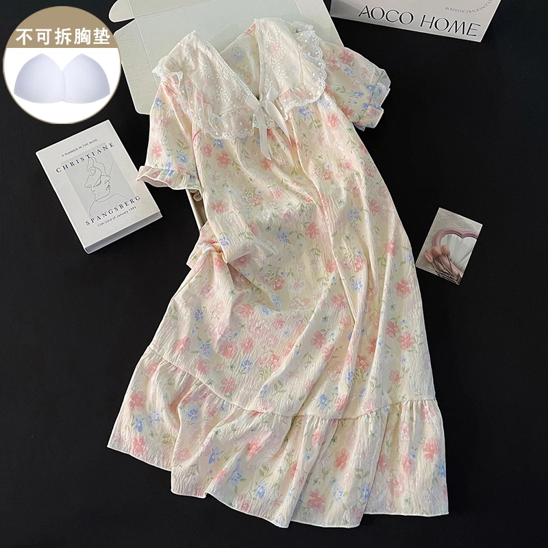 日系风睡裙女新款夏季简约带胸垫短袖甜美花朵宽松睡衣学生家居服
