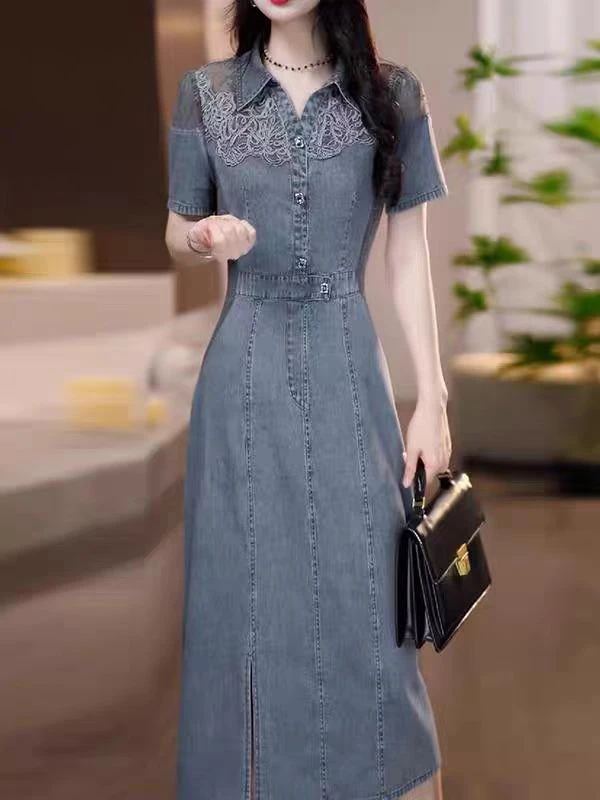 F695 大码显瘦气质小个子时尚妈妈装收腰中长款遮肚A字裙