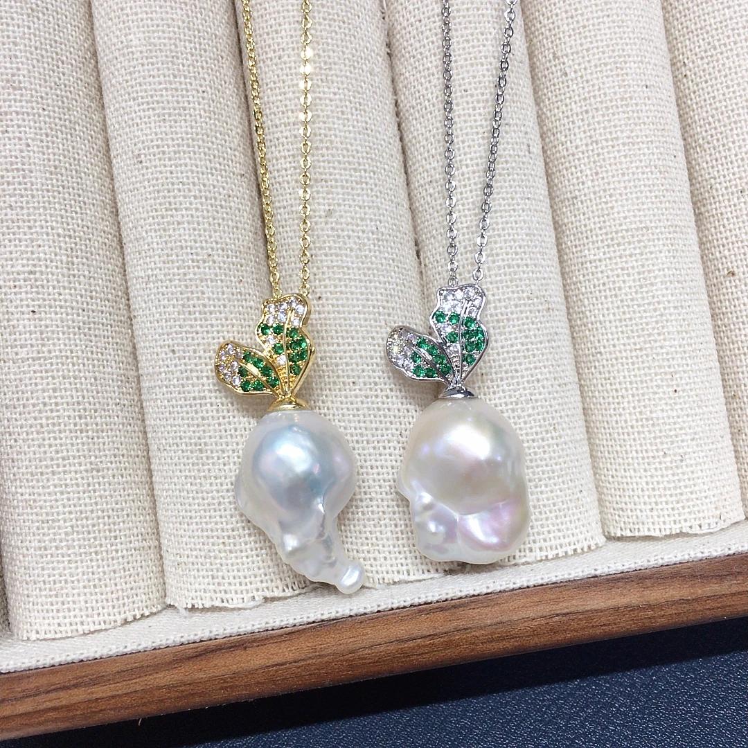 精工款天然淡水巴洛克珍珠吊坠万能扣微镶锆石萝卜珍珠吊坠