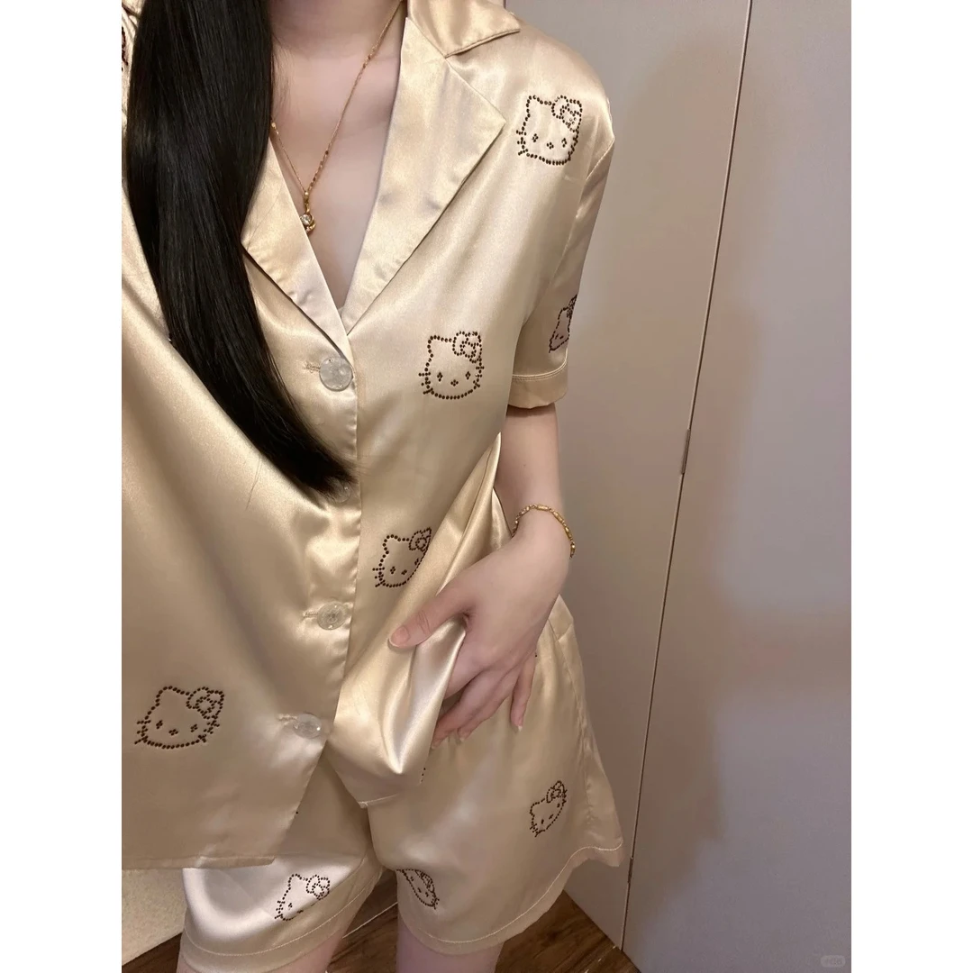 甜美纯欲风香槟色kitty冰丝短袖睡衣女夏季新款短裤套装家居服夏