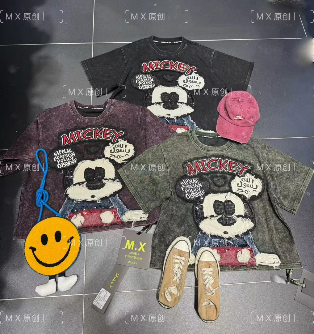 MX欧货2025春夏新款大版宽松大版重工洋气怀旧短袖t恤上衣女81572