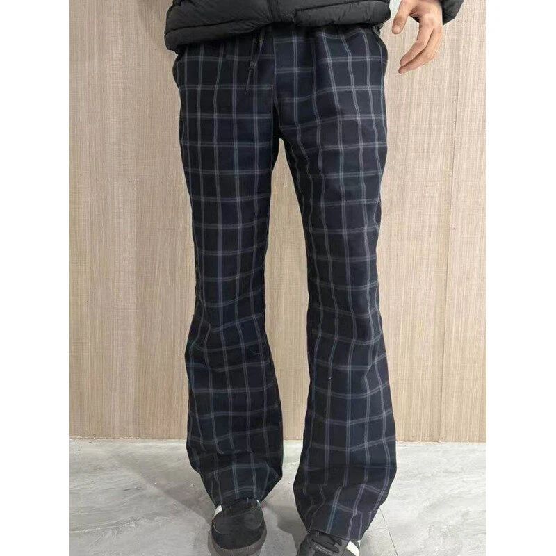 vintage美式复古格子裤男春夏款微喇弯刀裤子vibe宽松直筒休闲裤