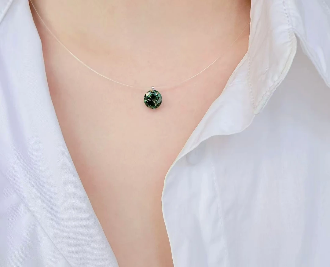 链子925银莫桑石 XL-523轻奢时尚绿色莫桑人鱼之泪透明线锁骨链