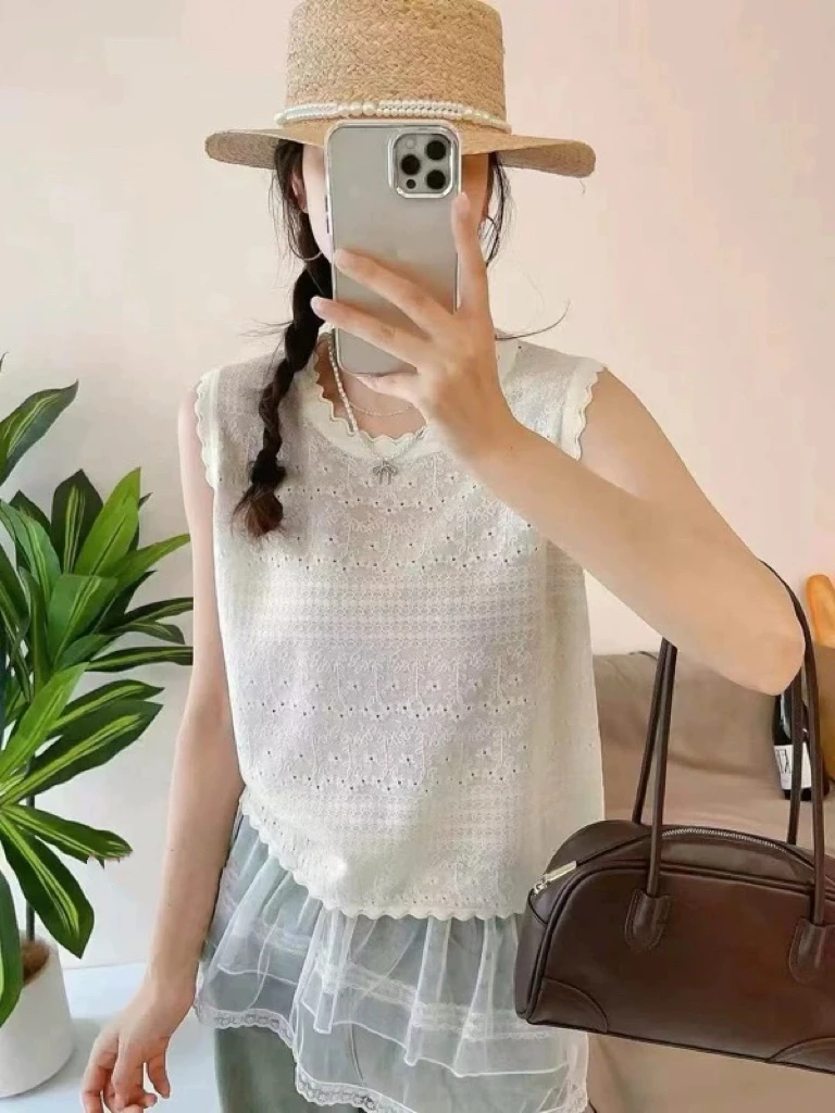 小香风花边圆领内搭女背心打底法式气质宽松显瘦春夏无袖背心薄