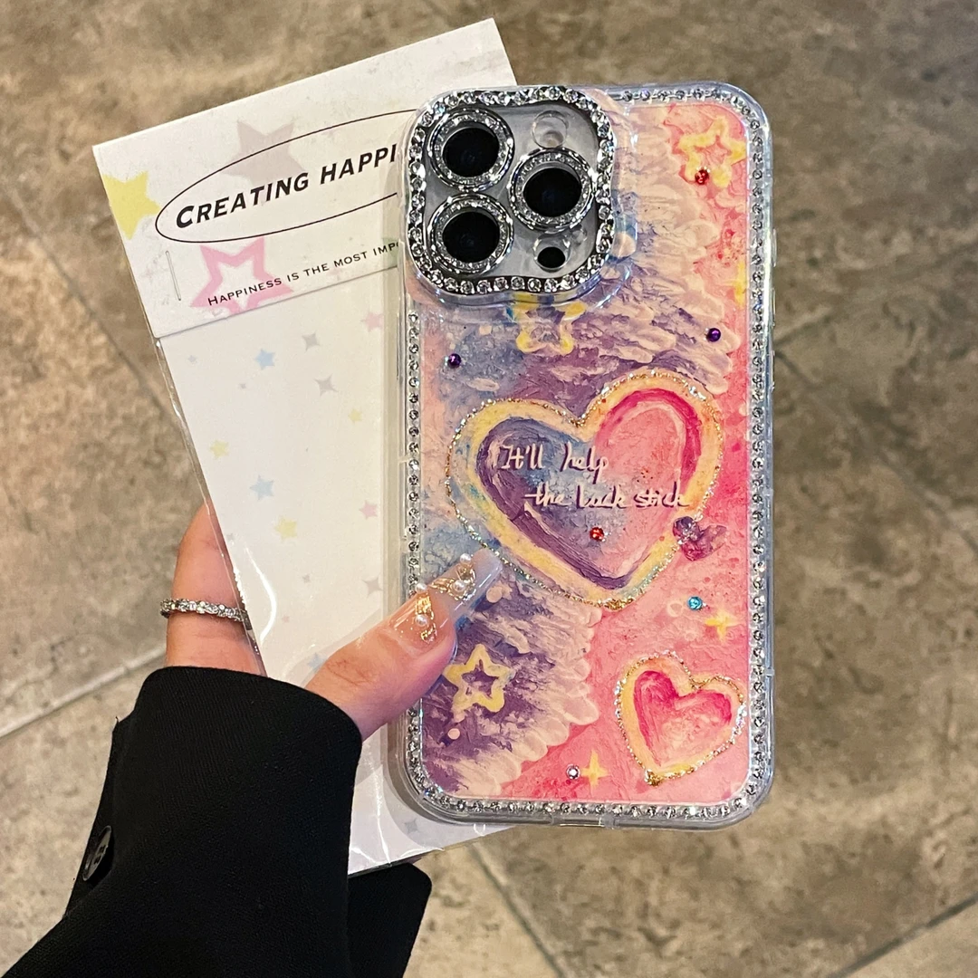 苹果|晕染爱心满钻全包镜头膜ins韩风适用iPhone16轻奢女款手机壳