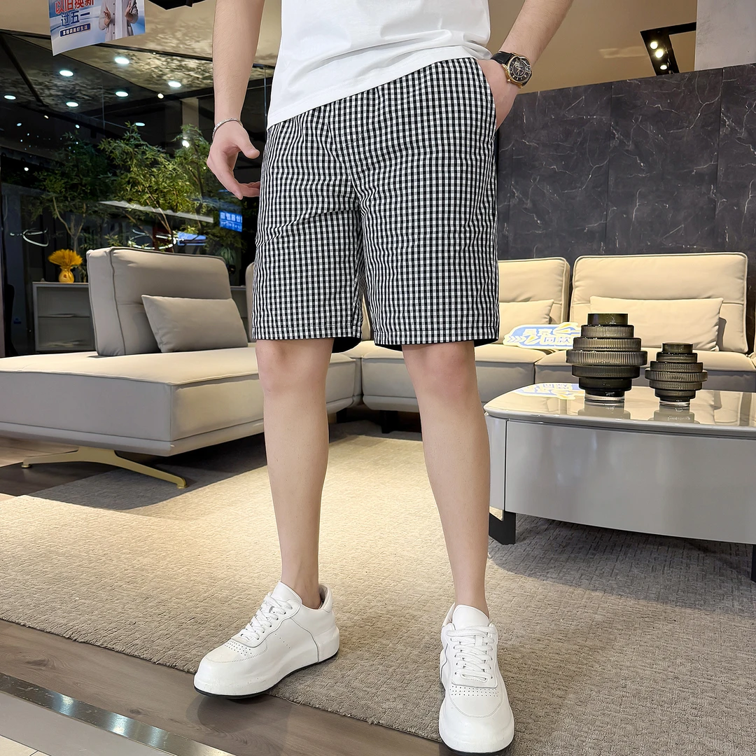 夏季新款黑白格纹双面穿时尚休闲男士潮流外穿短裤潮流百搭