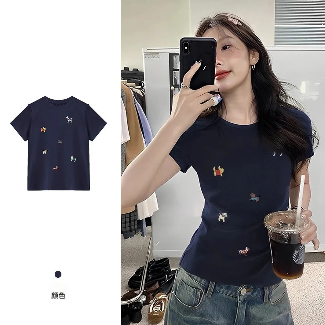 夏季新款复古显瘦穿搭短袖女t恤减龄卡通小狗印花设计感小众上衣