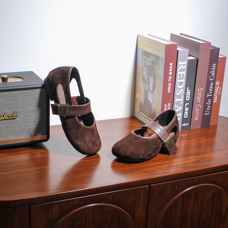 2025新款【羊皮】复古圆头一字带玛丽珍鞋女浅口真皮单鞋5009