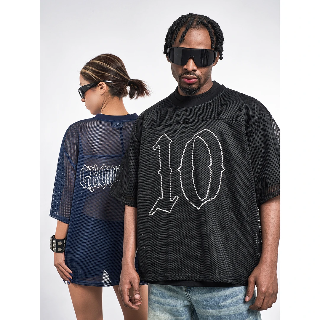 MT99【凉感潮流叠穿款】透视网格印花短袖T恤 镂空透气半袖上衣球服