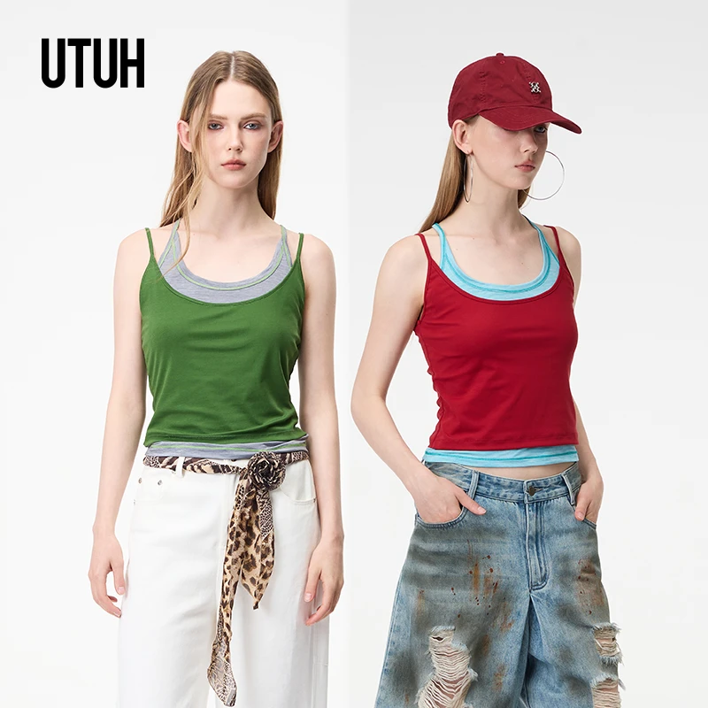 UTUH绿灰撞色假两件工字露背背心女士港风气质辣妹百搭TLWWR2N184